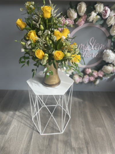 Golden Celebration - Beautiful Yellow Roses arranged in a lovely Gold Vase.